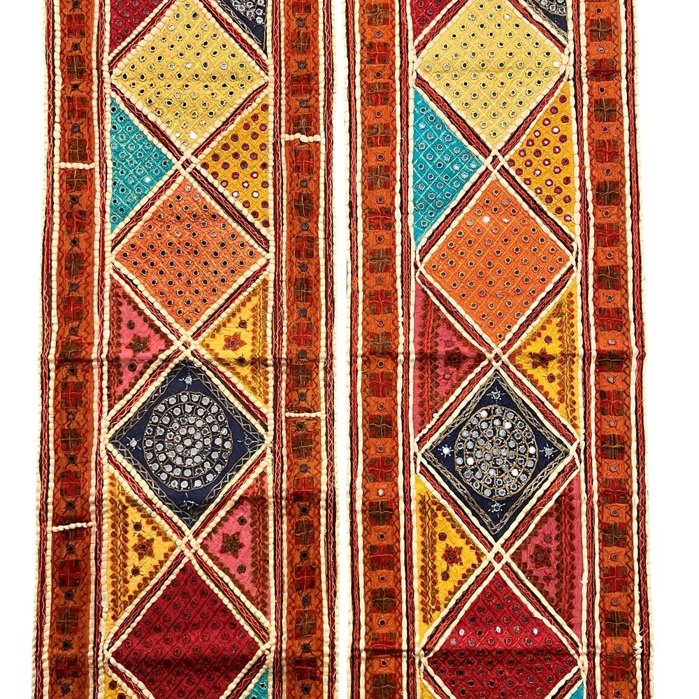 Vintage Rajasthani Sari Embroidered Patchwork Mirrored Tile Wall Hanging Panels - Picture 3 of 8